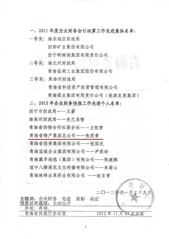 物產(chǎn)集團(tuán)榮獲2011年度財(cái)務(wù)決算先進(jìn)單位、2012年度財(cái)務(wù)快報(bào)工作先進(jìn)個(gè)人表彰